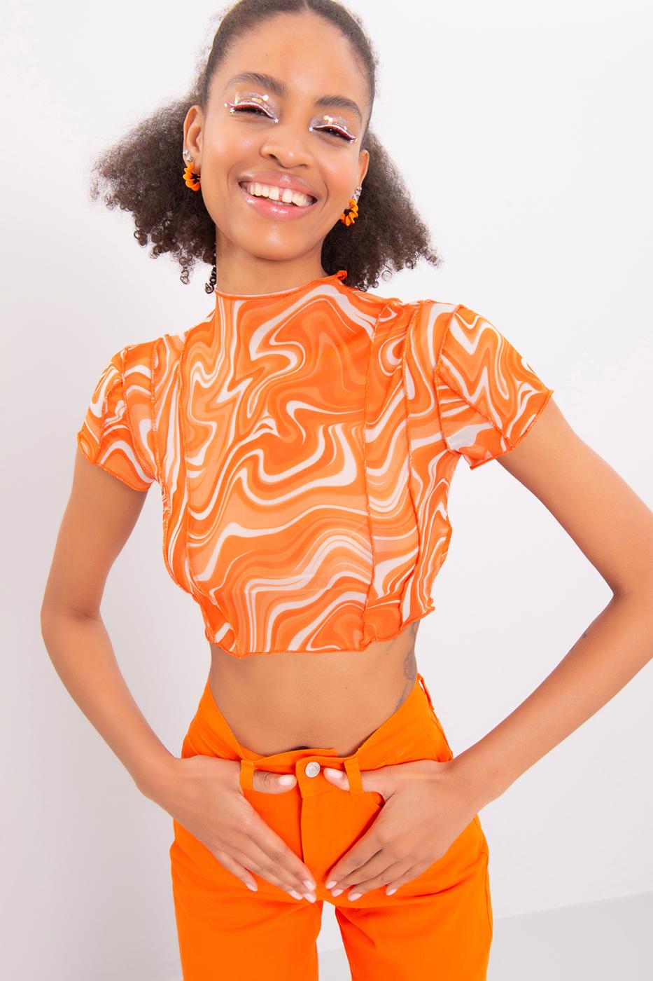 Bayan Oranj Dik Yaka Kısa Kollu Tül Crop Body