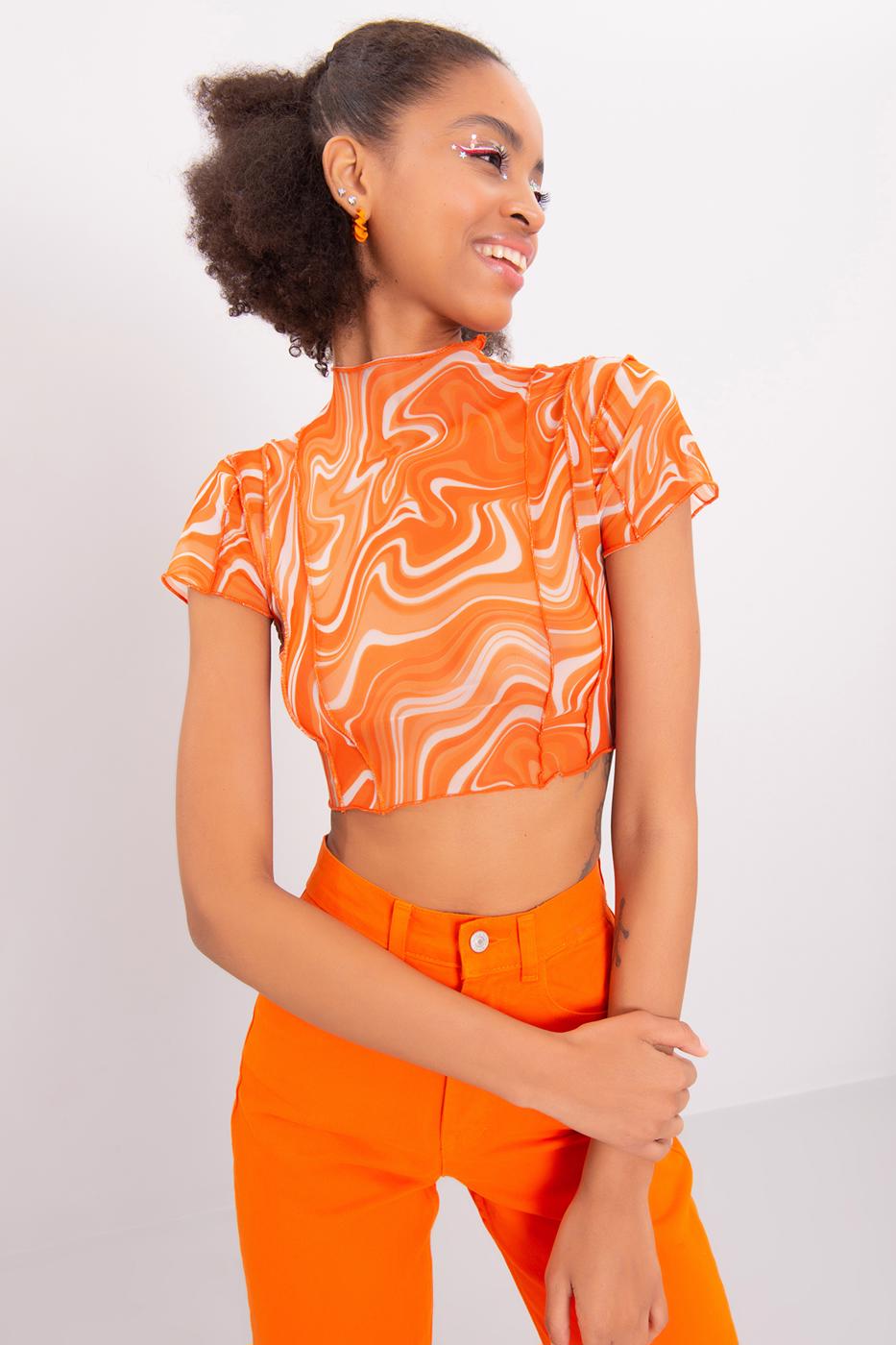 Bayan Oranj Dik Yaka Kısa Kollu Tül Crop Body