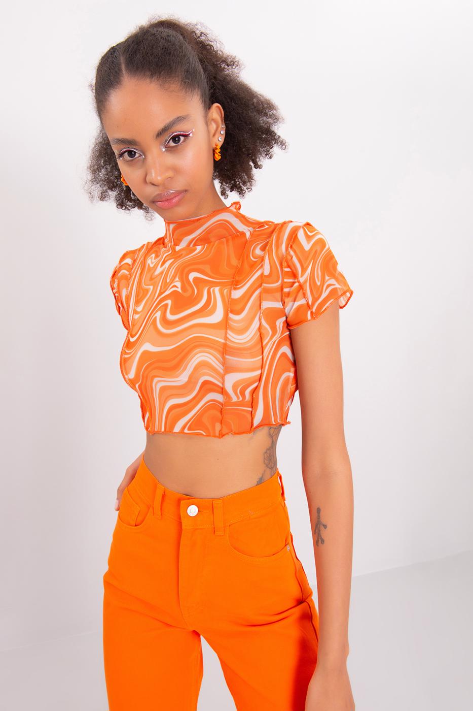 Bayan Oranj Dik Yaka Kısa Kollu Tül Crop Body