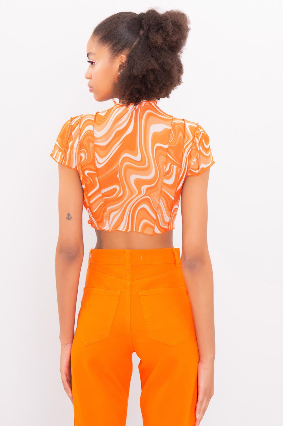 Bayan Oranj Dik Yaka Kısa Kollu Tül Crop Body