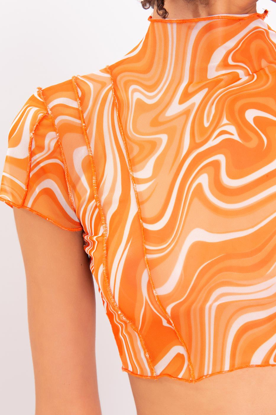 Bayan Oranj Dik Yaka Kısa Kollu Tül Crop Body