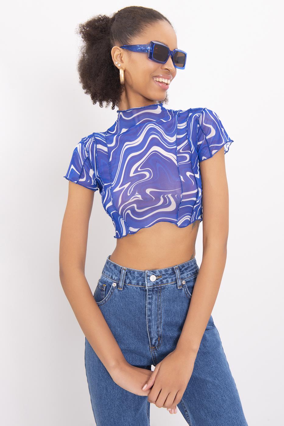 Bayan Sax Dik Yaka Kısa Kollu Tül Crop Body