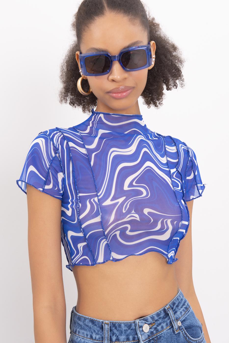 Bayan Sax Dik Yaka Kısa Kollu Tül Crop Body