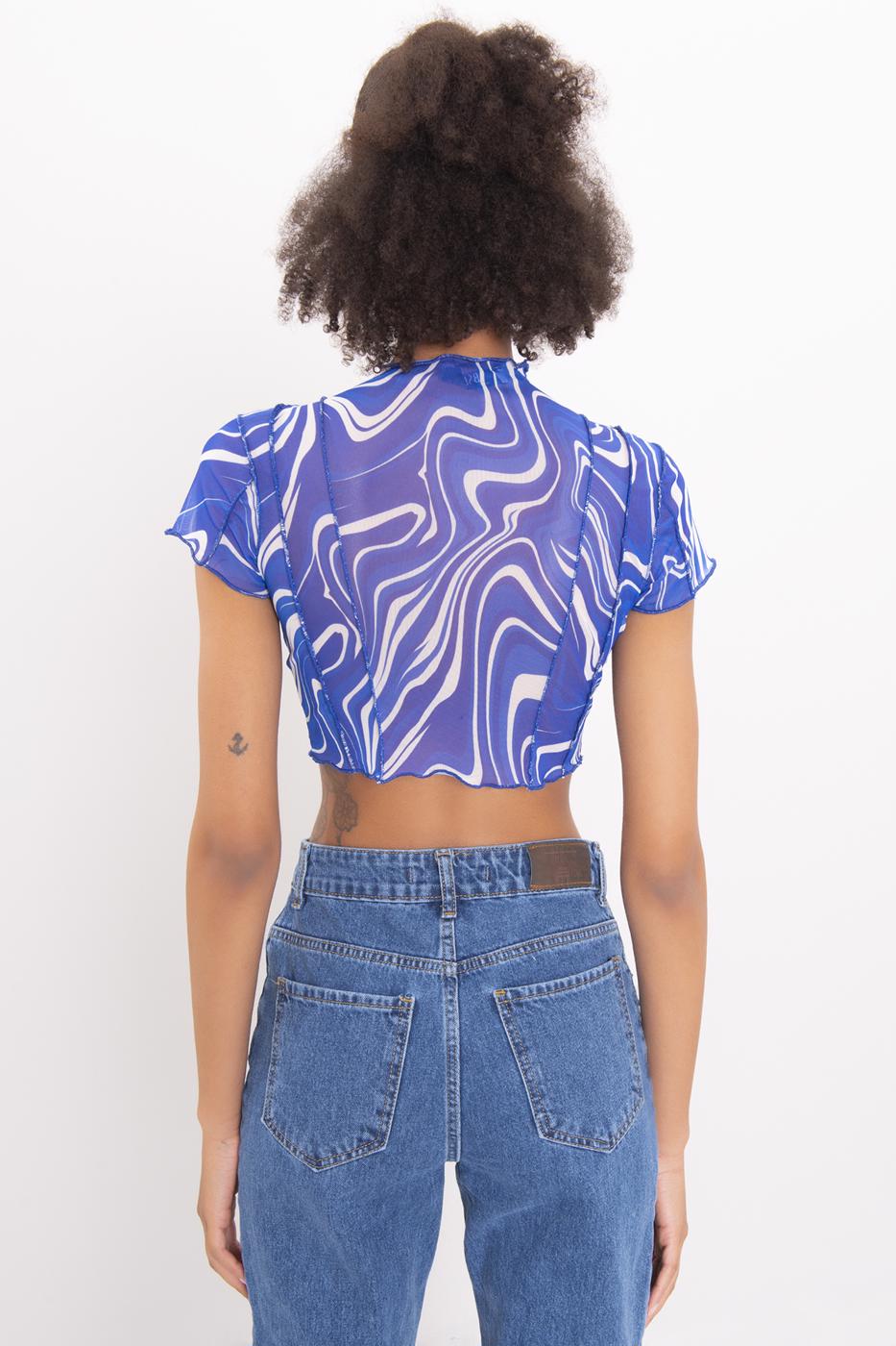 Bayan Sax Dik Yaka Kısa Kollu Tül Crop Body