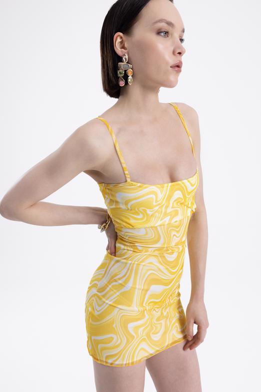 Bayan Sarı Askılı Dar Mini Elbise - BSL