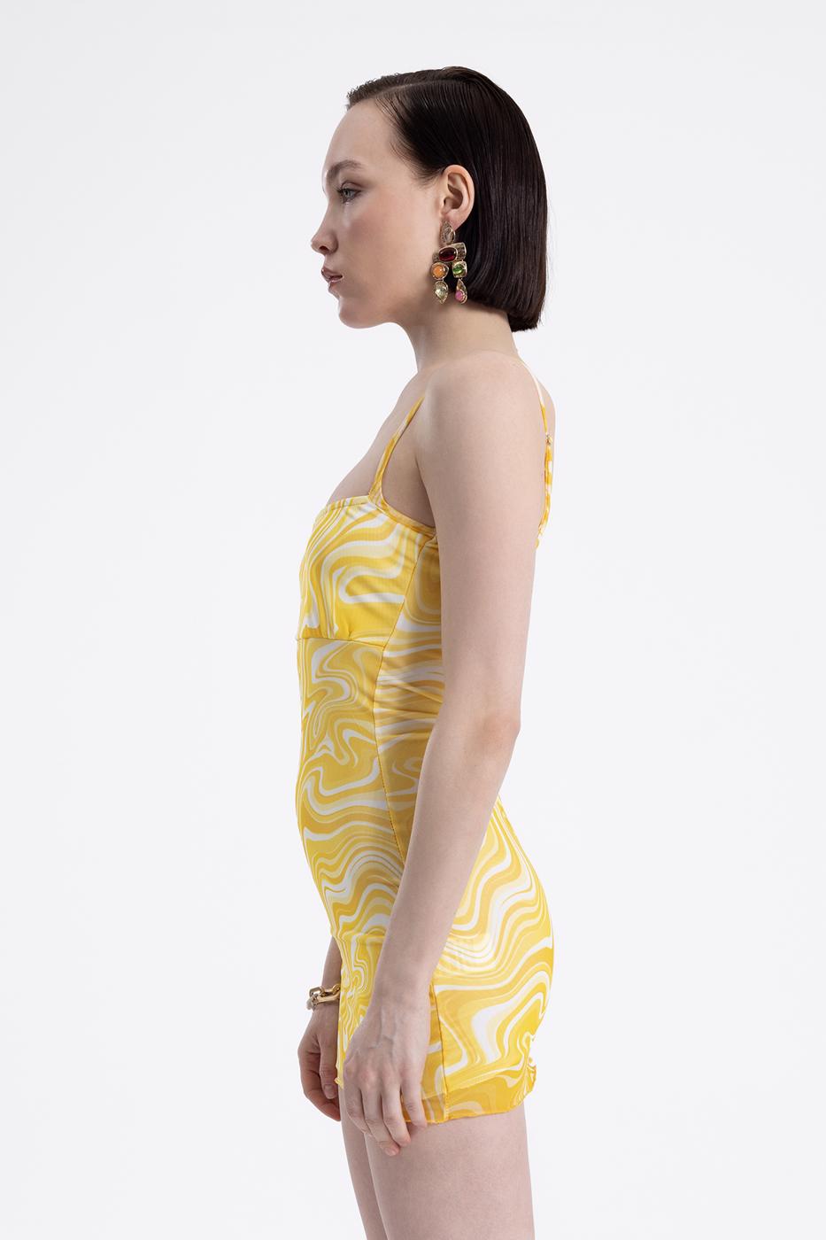 Bayan Sarı Askılı Dar Mini Elbise