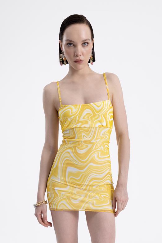 Bayan Sarı Askılı Dar Mini Elbise - BSL