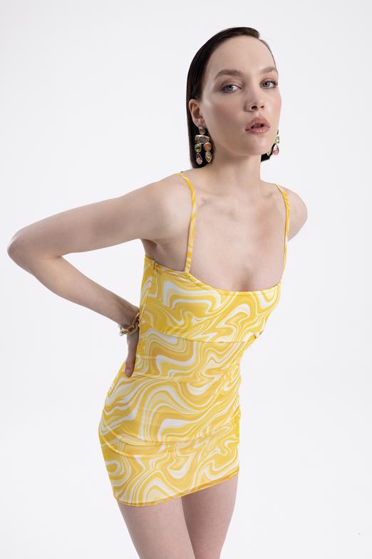 Bayan Sarı Askılı Dar Mini Elbise - BSL