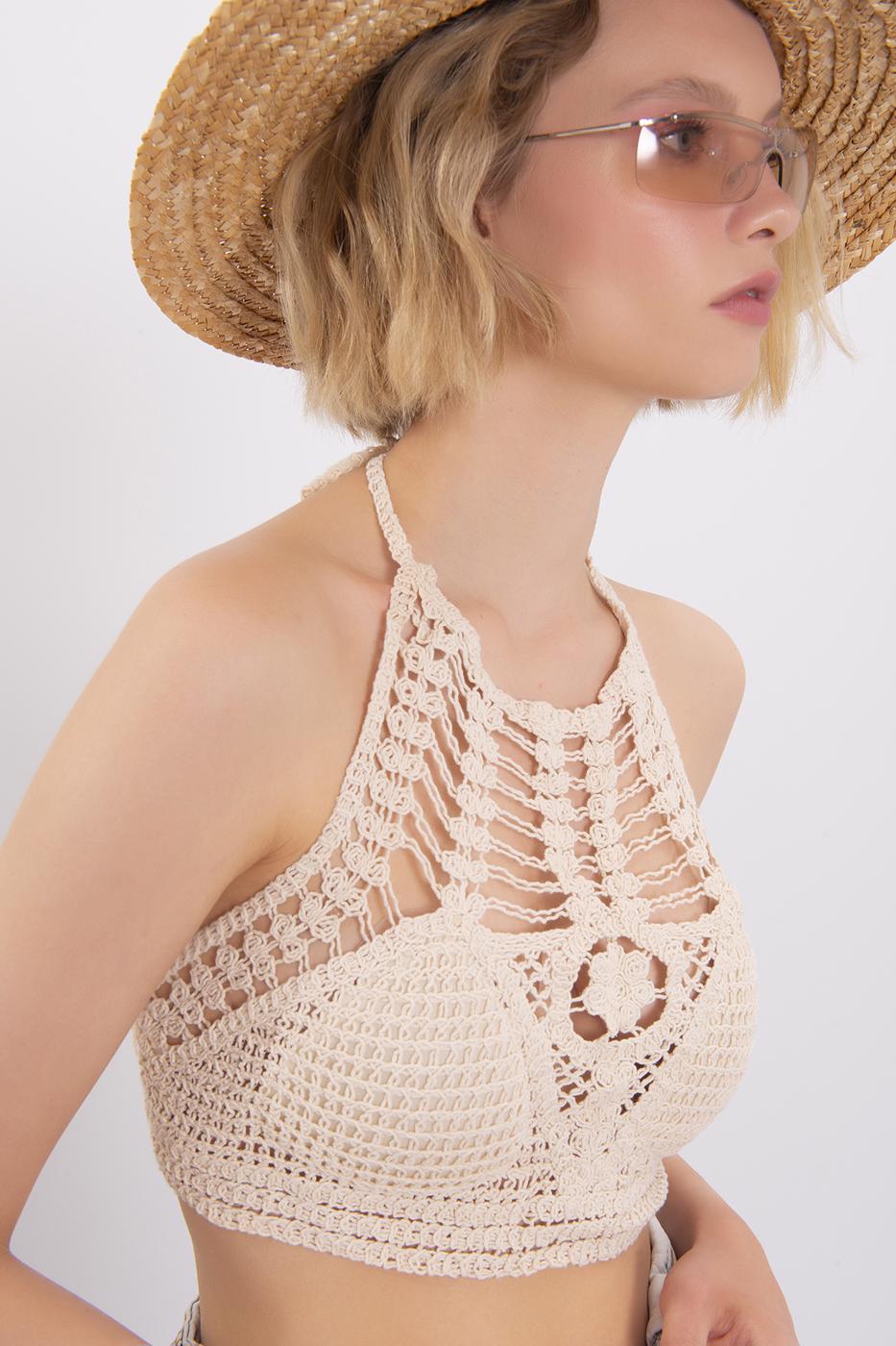 Bayan Bej Sırt Dekolteli Örgü Büstiyer