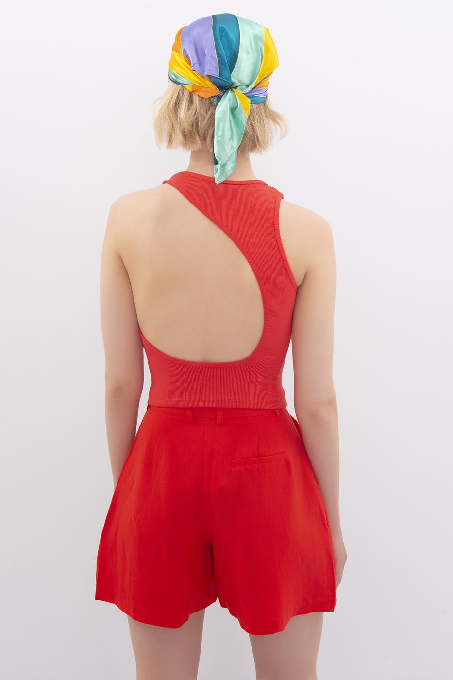 Bayan Kırmızı Sırt Dekolteli Kolsuz Body