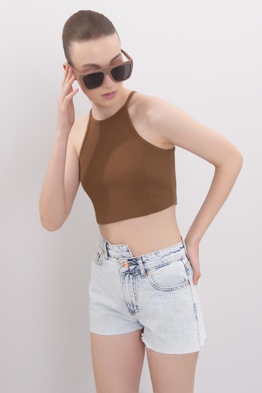 Bayan Mavi Asimetrik Kemer Detaylı Mini Denim Şort - BSL