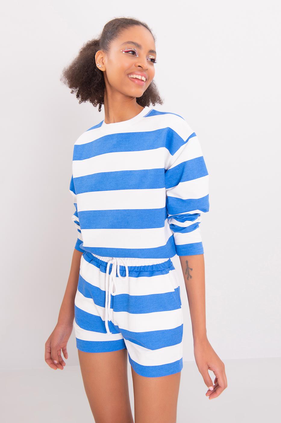 Bayan Mavi Çizgili Basic Sweatshirt