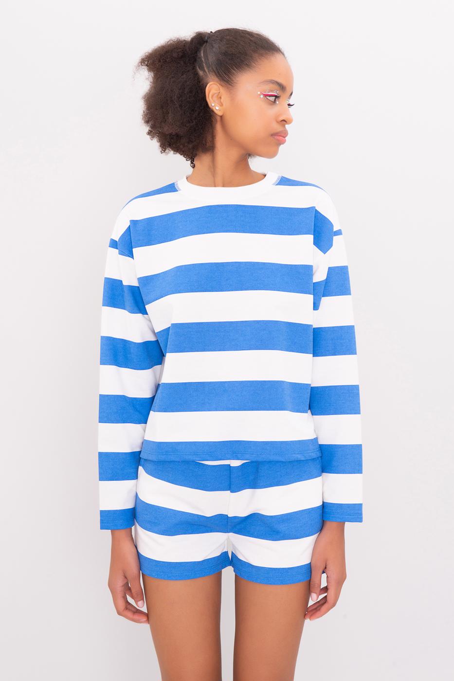 Bayan Mavi Çizgili Basic Sweatshirt