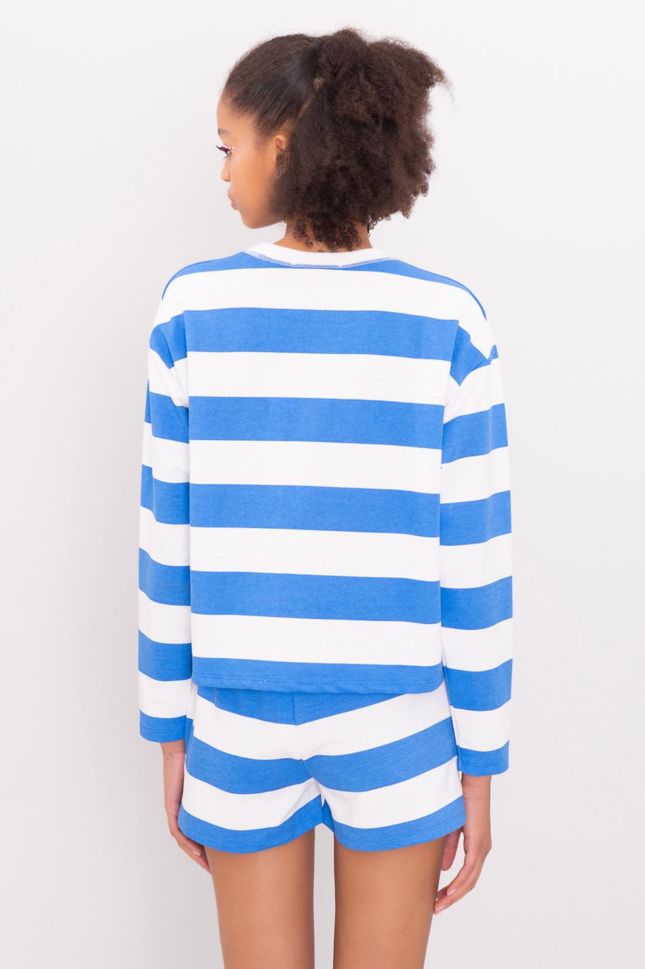 Bayan Mavi Çizgili Basic Sweatshirt