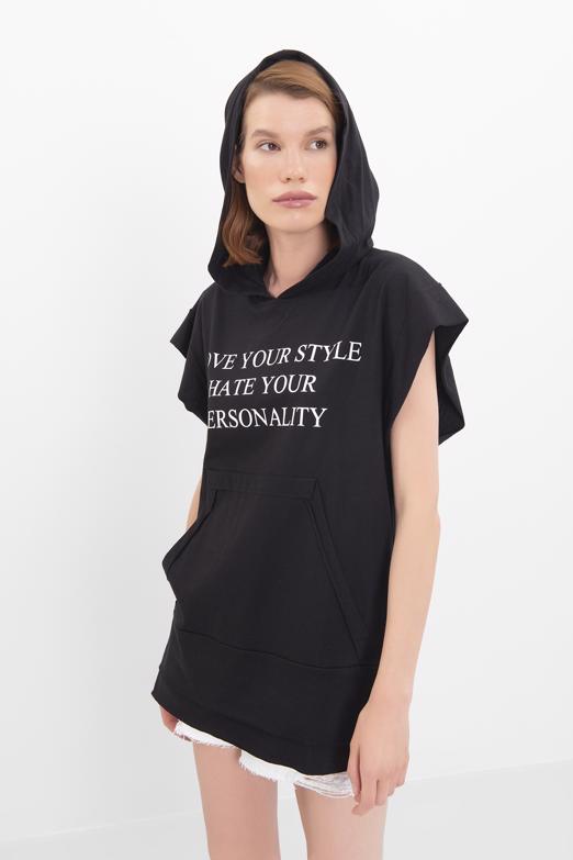 Bayan Siyah Kapüşonlu Baskı Detaylı Tshirt - BSL