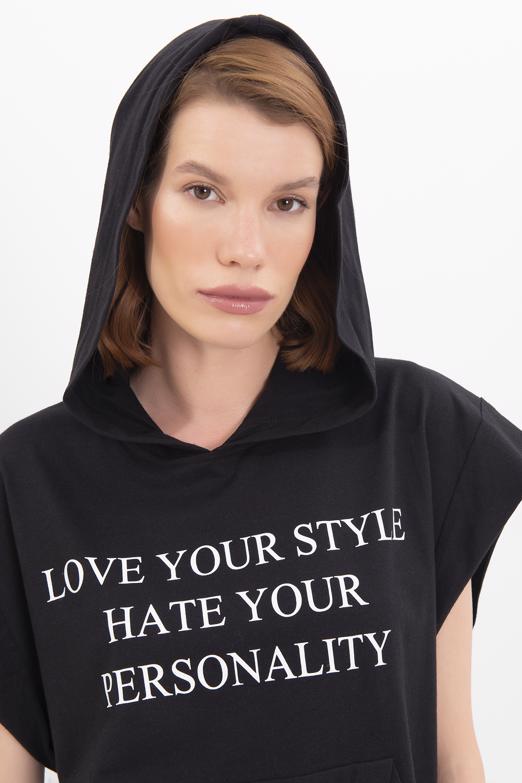 Bayan Siyah Kapüşonlu Baskı Detaylı Tshirt - BSL