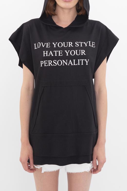 Bayan Siyah Kapüşonlu Baskı Detaylı Tshirt - BSL