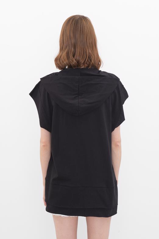 Bayan Siyah Kapüşonlu Baskı Detaylı Tshirt - BSL