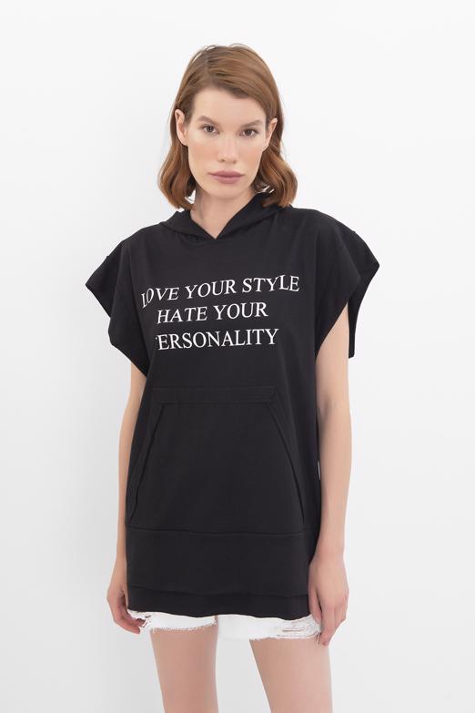Bayan Siyah Kapüşonlu Baskı Detaylı Tshirt - BSL