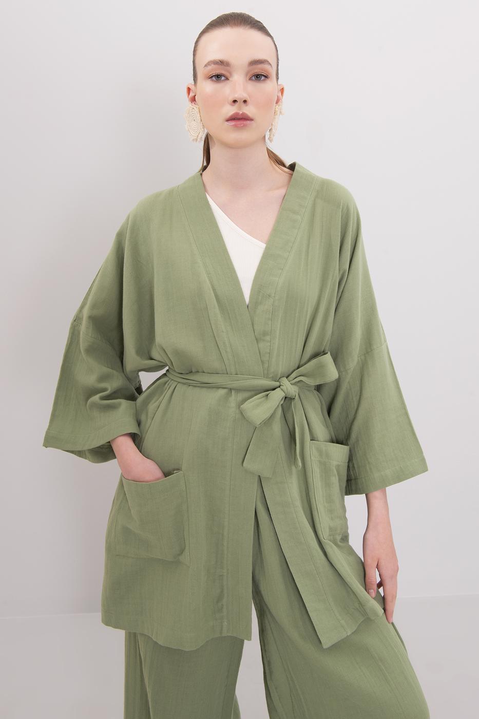 Bayan Yeşil Pamuklu Kısa Kimono