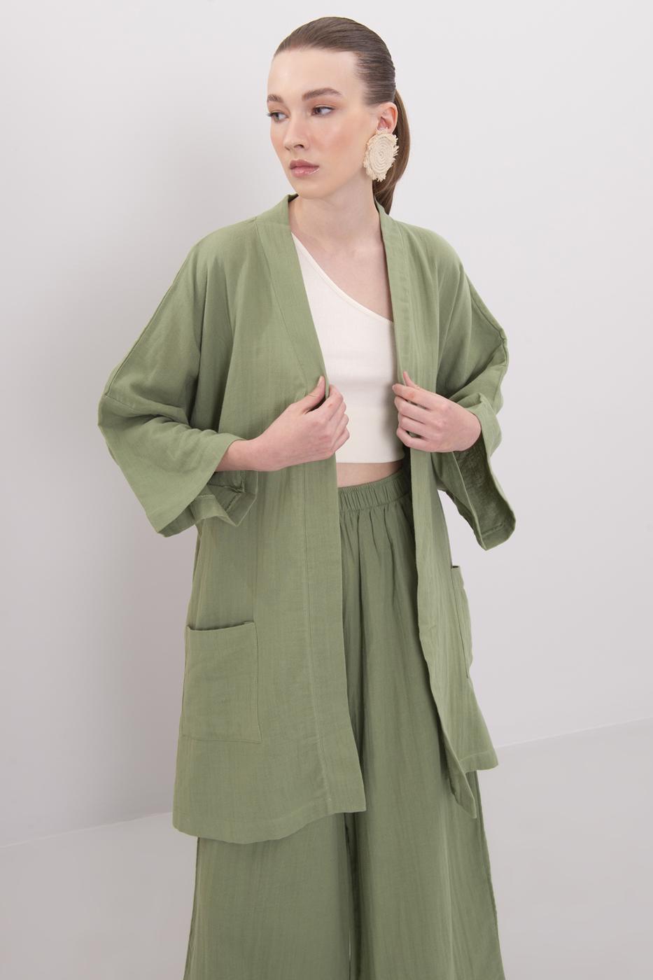 Bayan Yeşil Pamuklu Kısa Kimono