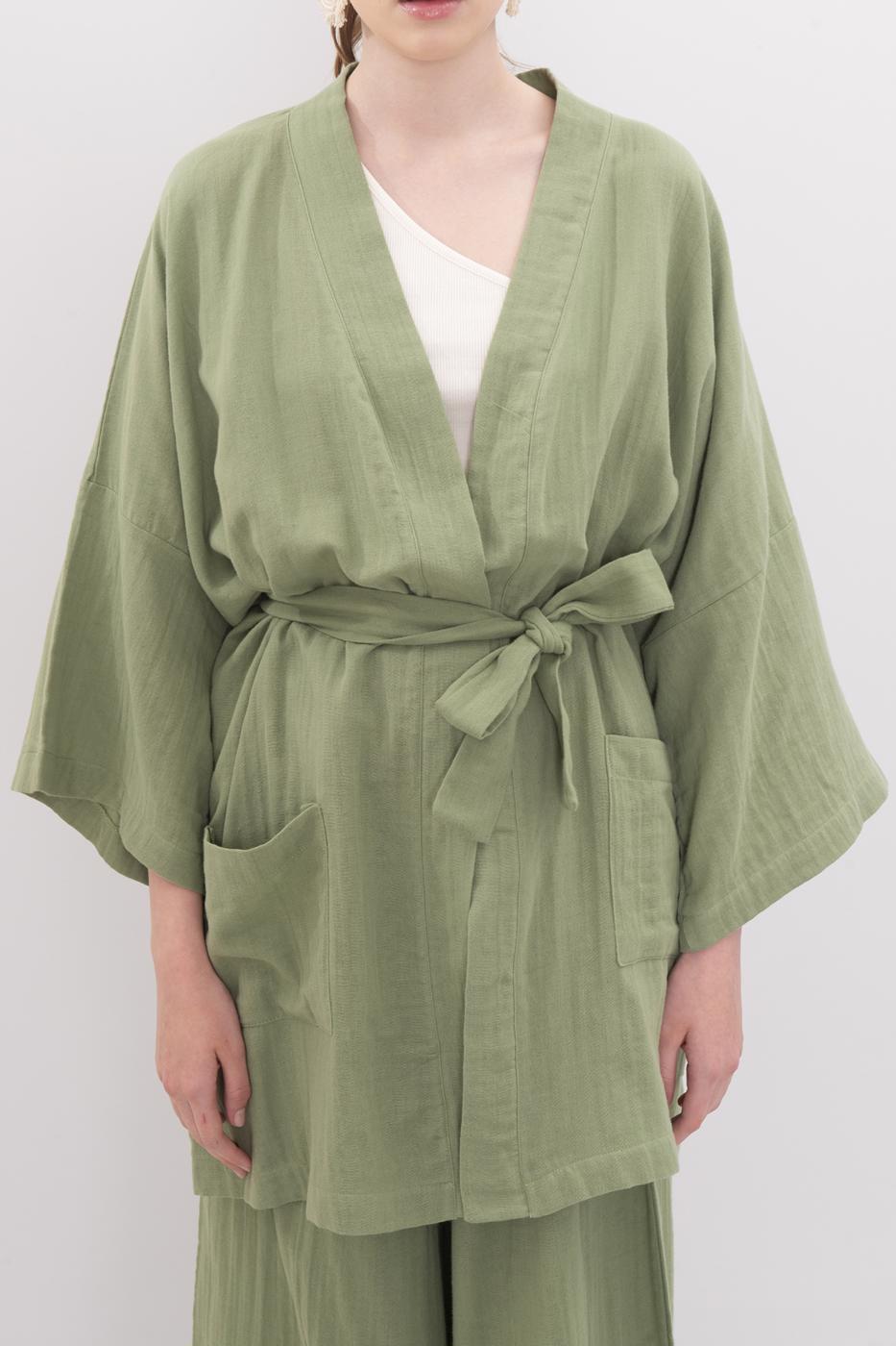 Bayan Yeşil Pamuklu Kısa Kimono