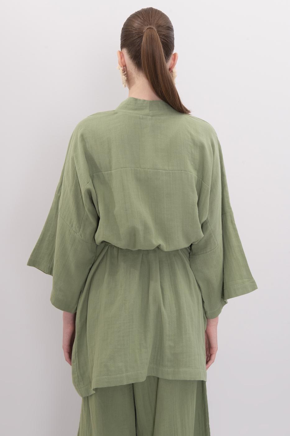 Bayan Yeşil Pamuklu Kısa Kimono