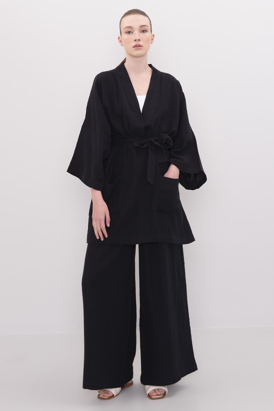 Bayan Siyah Pamuklu Kısa Kimono