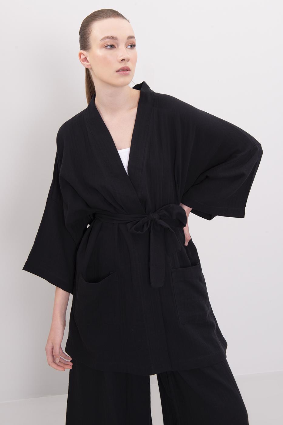 Bayan Siyah Pamuklu Kısa Kimono