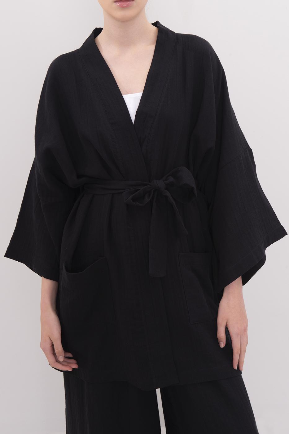 Bayan Siyah Pamuklu Kısa Kimono