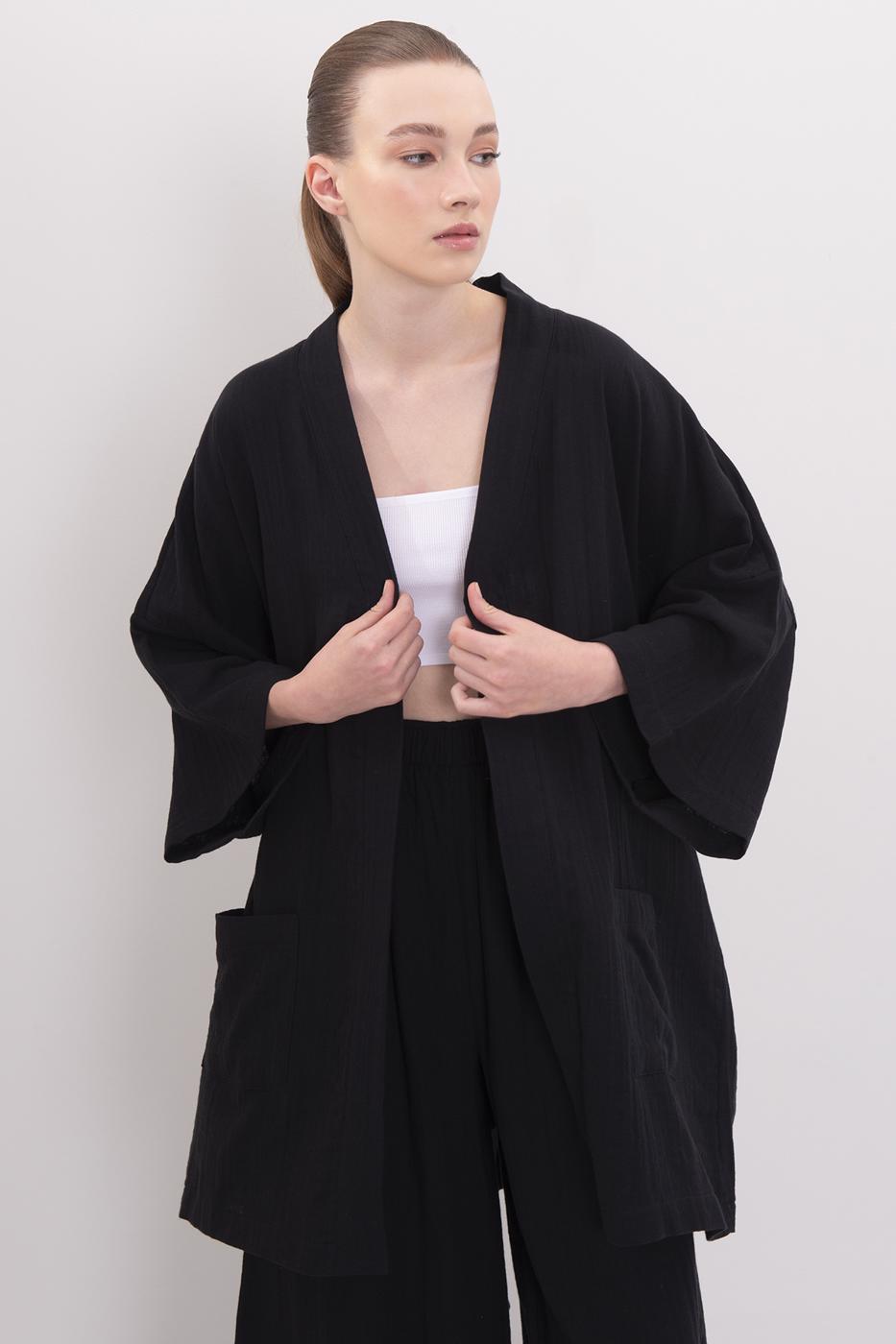 Bayan Siyah Pamuklu Kısa Kimono