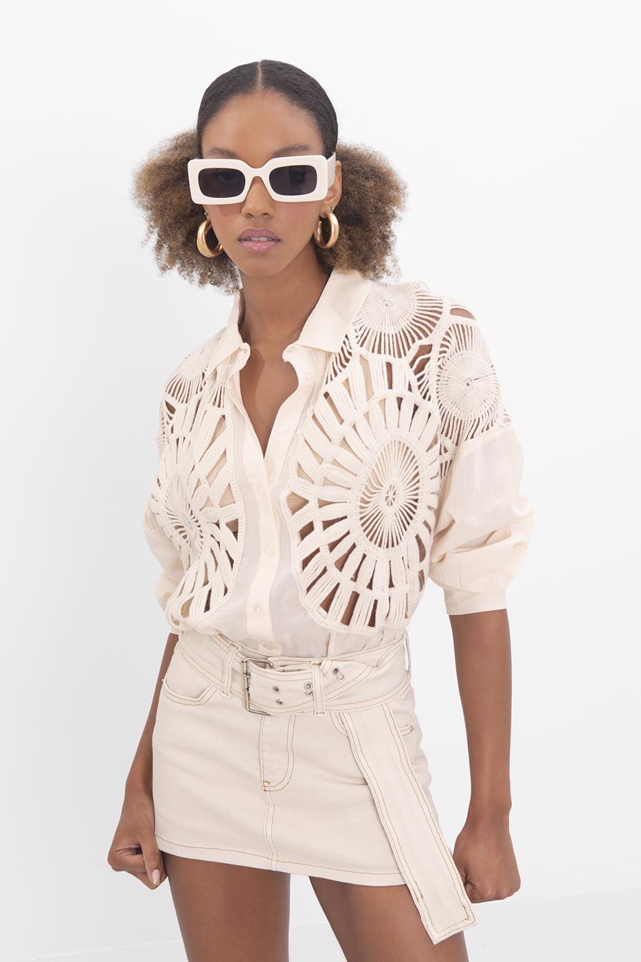 Bayan Ekru Kemer Tokalı Mini Dar Etek