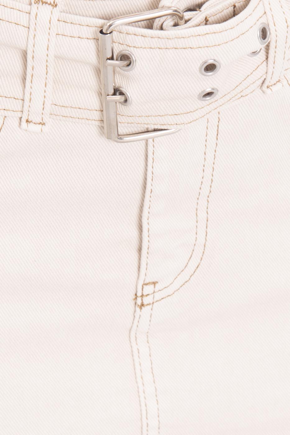 Bayan Ekru Kemer Tokalı Mini Dar Etek