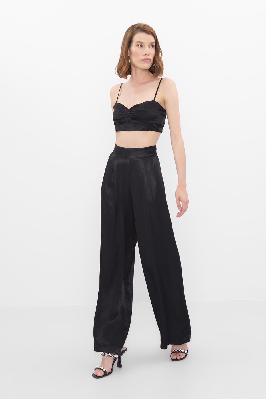 Bayan Siyah Yüksek Bel Saten Bol Pantolon