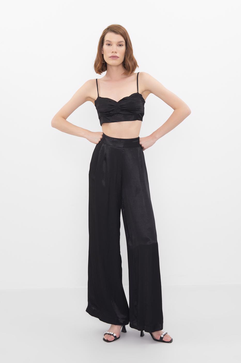 Bayan Siyah Yüksek Bel Saten Bol Pantolon