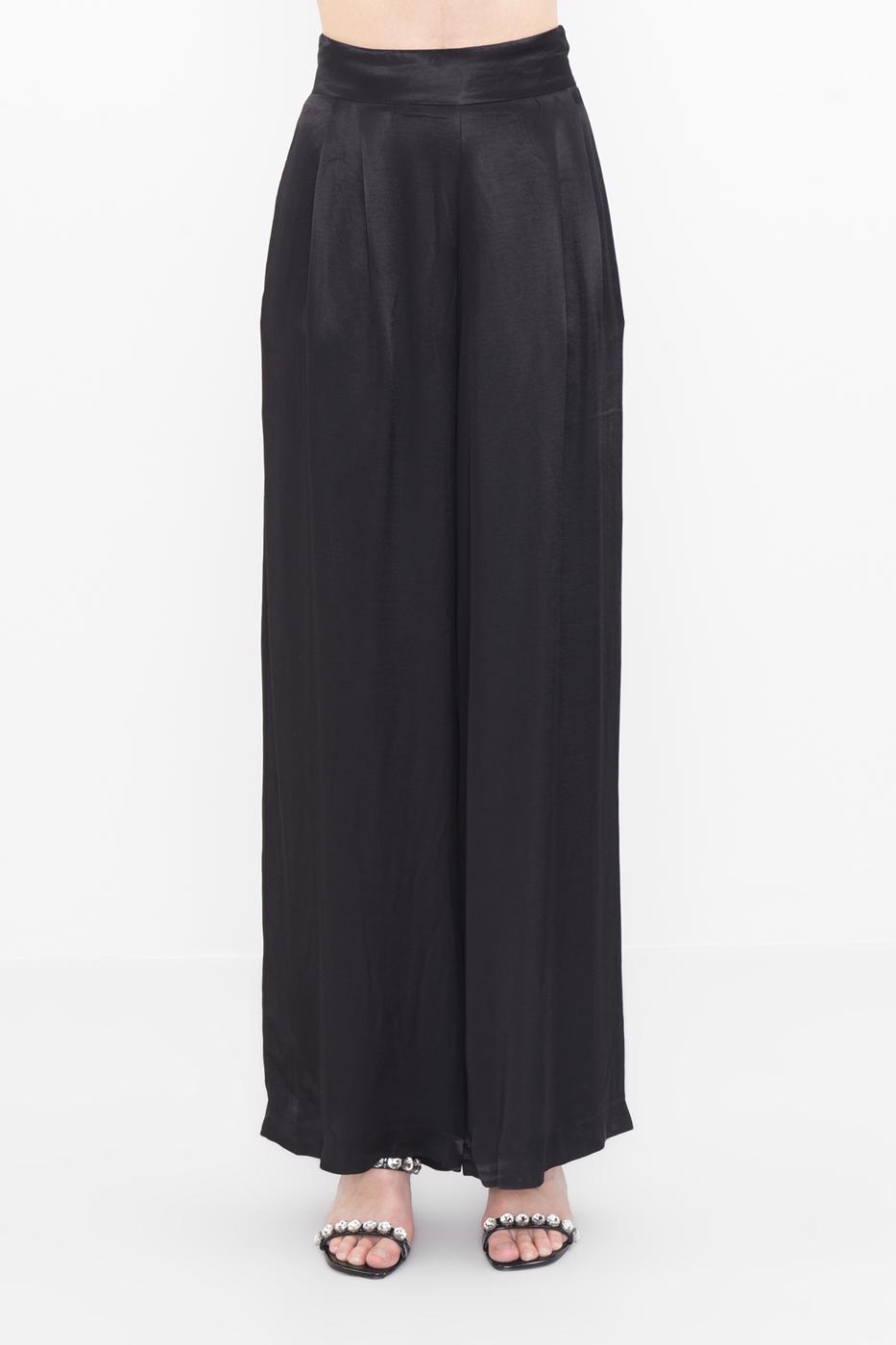 Bayan Siyah Yüksek Bel Saten Bol Pantolon