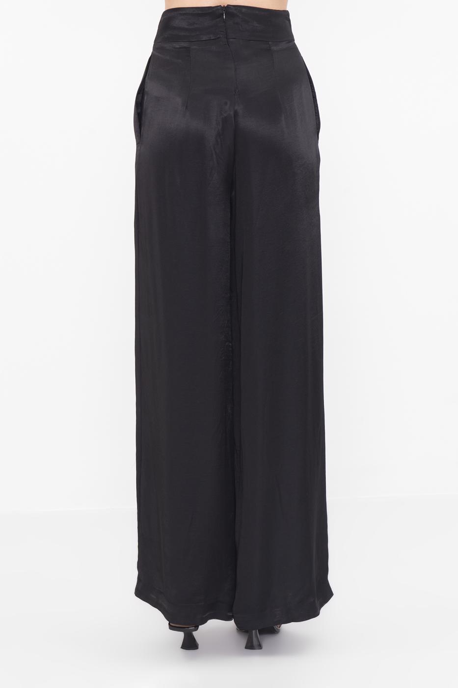 Bayan Siyah Yüksek Bel Saten Bol Pantolon