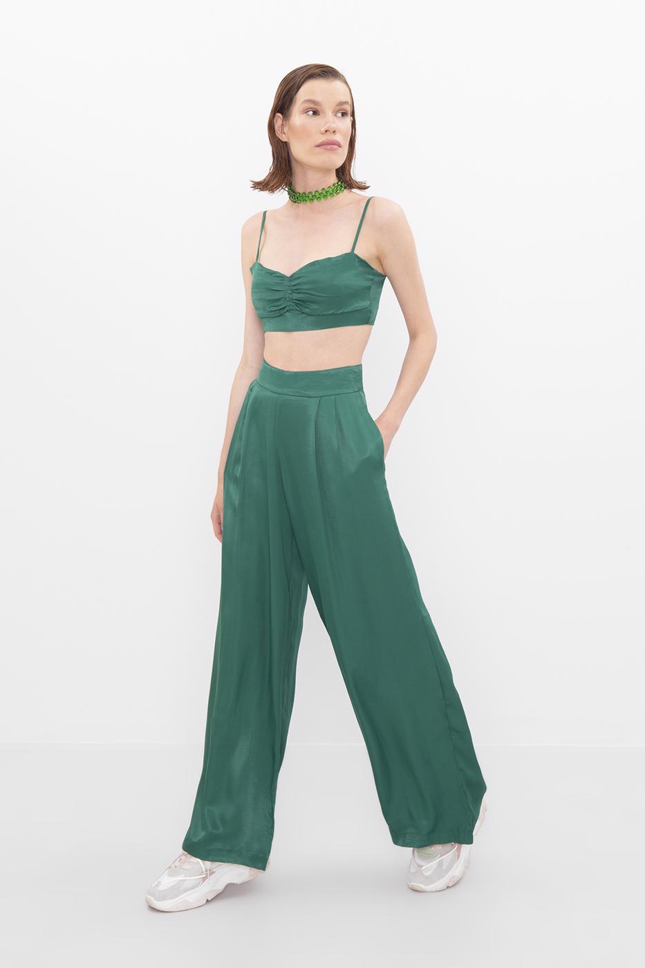 Bayan Yeşil Yüksek Bel Saten Bol Pantolon