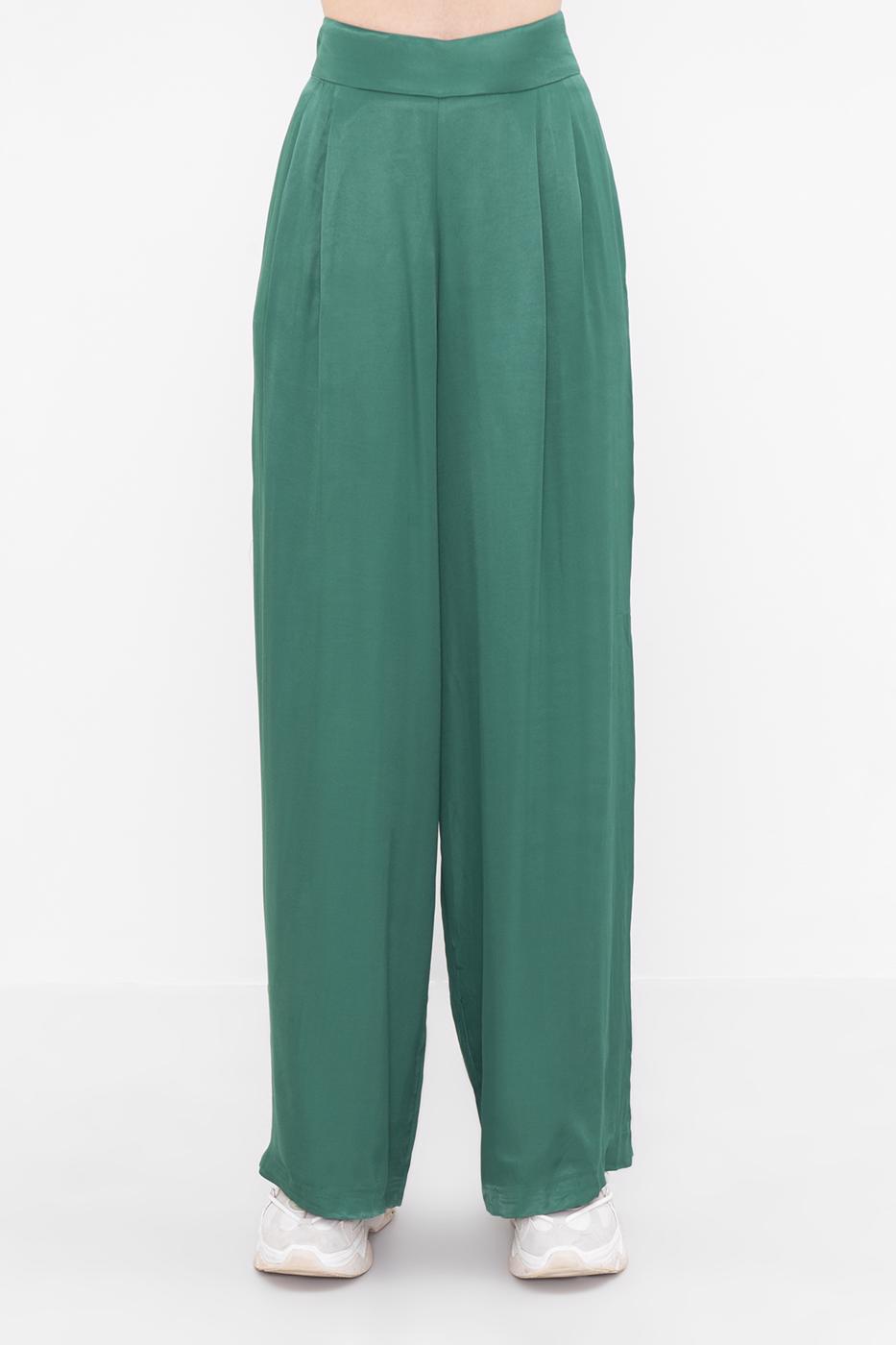 Bayan Yeşil Yüksek Bel Saten Bol Pantolon