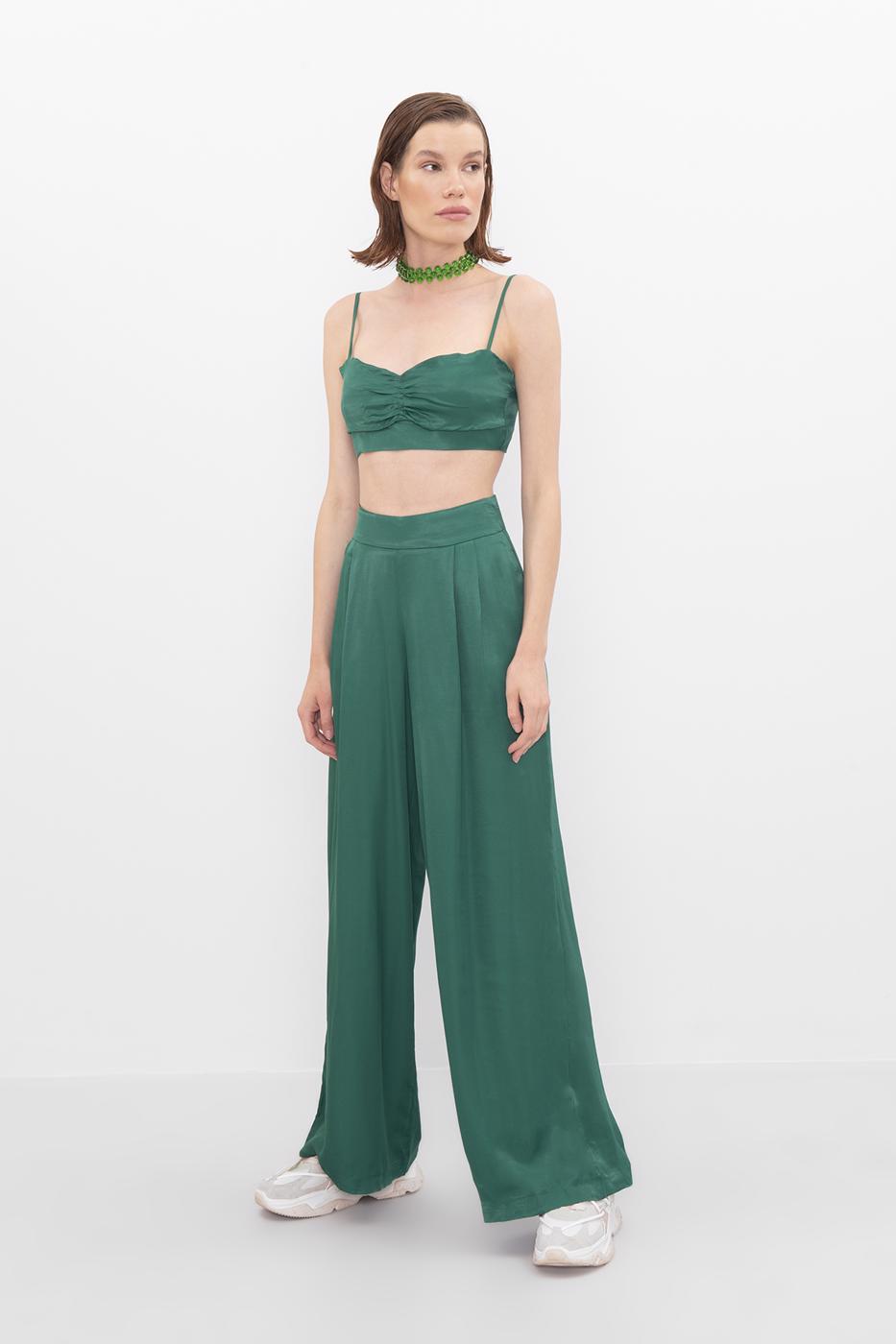 Bayan Yeşil Yüksek Bel Saten Bol Pantolon