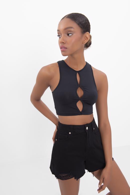 Bayan Siyah Pencere Detaylı Kolsuz Crop Body - BSL