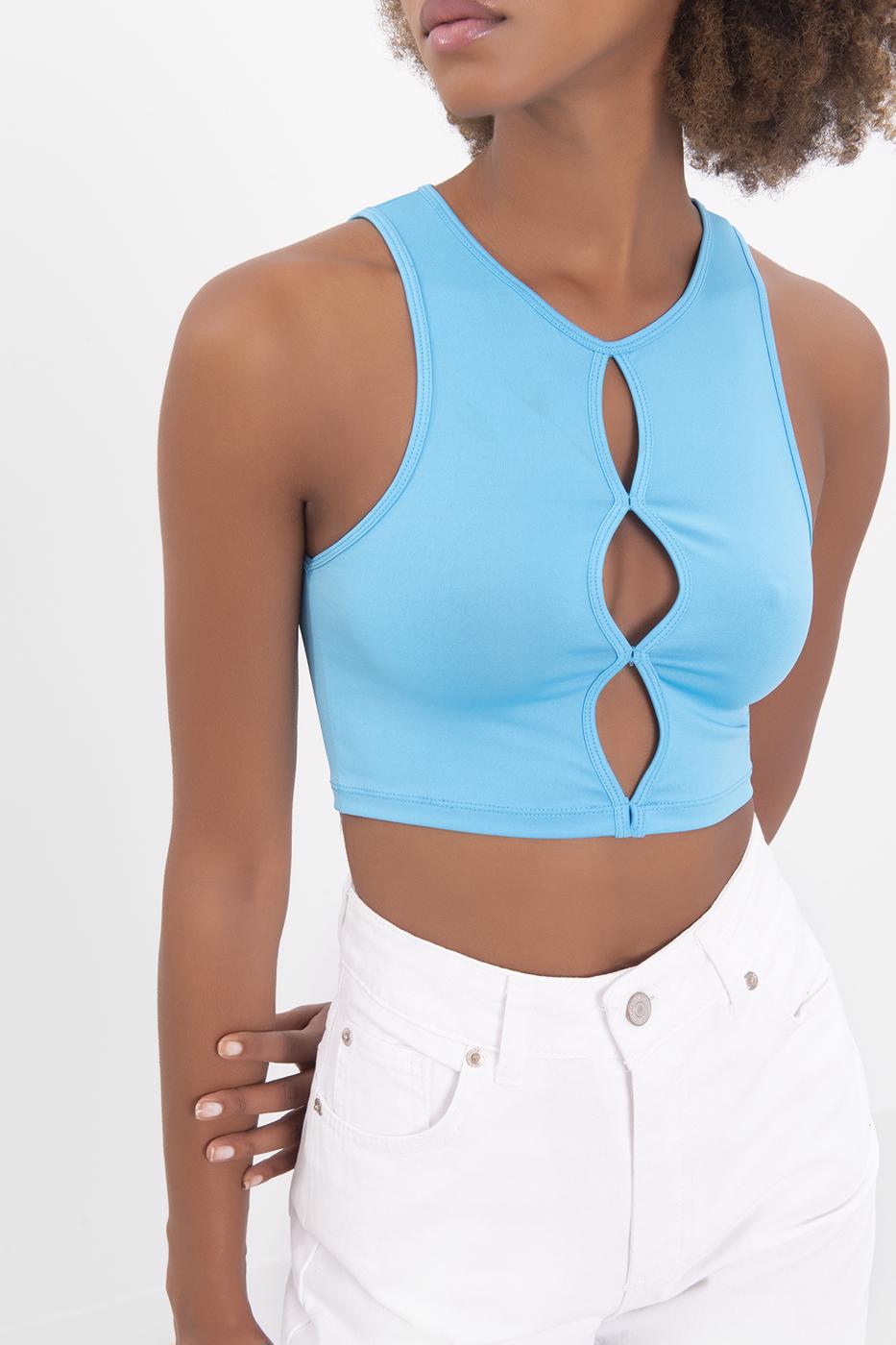 Bayan Mavi Pencere Detaylı Kolsuz Crop Body