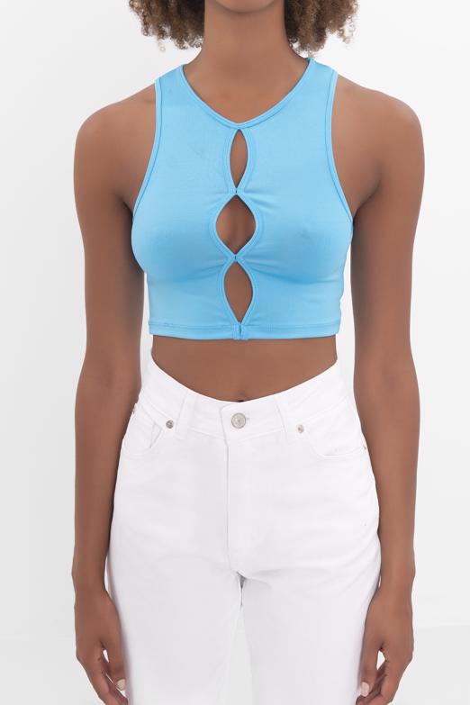 Bayan Mavi Pencere Detaylı Kolsuz Crop Body - BSL