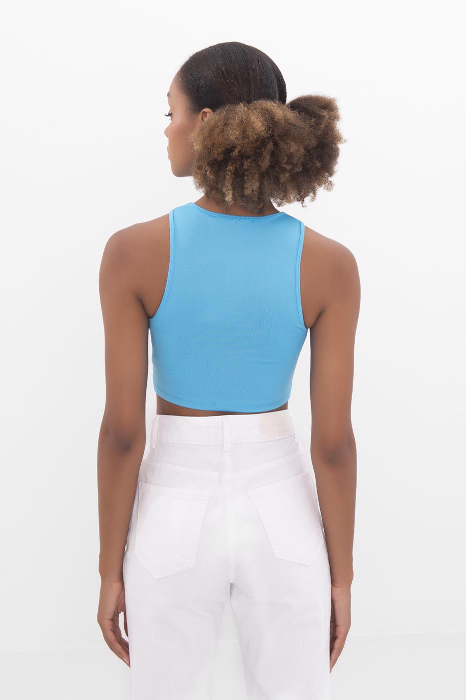 Bayan Mavi Pencere Detaylı Kolsuz Crop Body