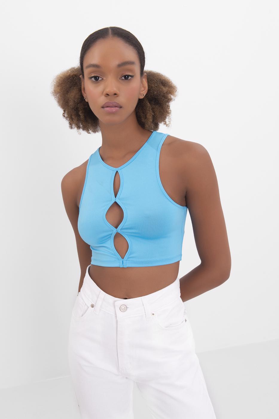 Bayan Mavi Pencere Detaylı Kolsuz Crop Body