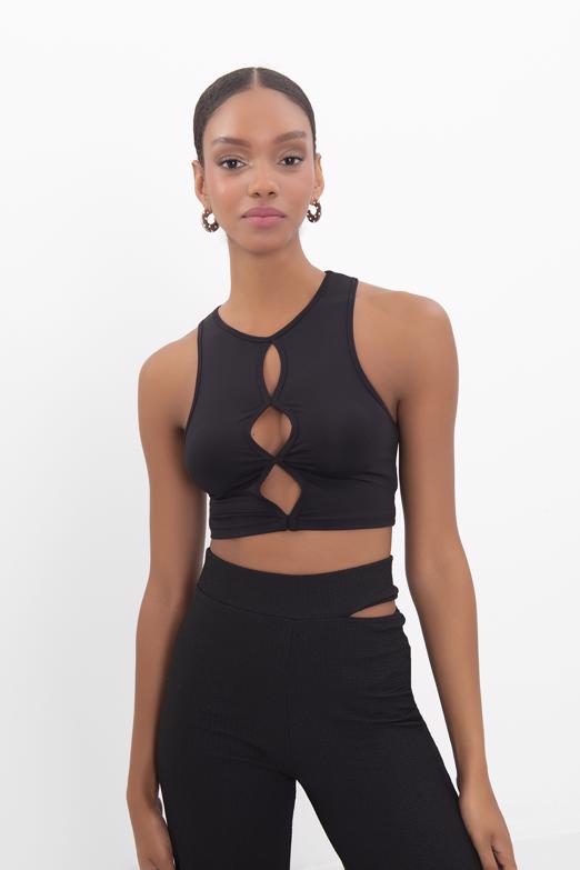 Bayan Siyah Pencere Detaylı Kolsuz Crop Body - BSL