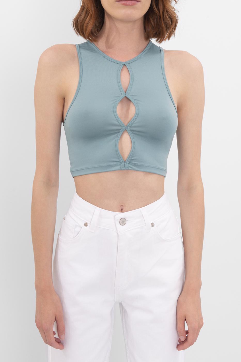 Bayan Yeşil Pencere Detaylı Kolsuz Crop Body