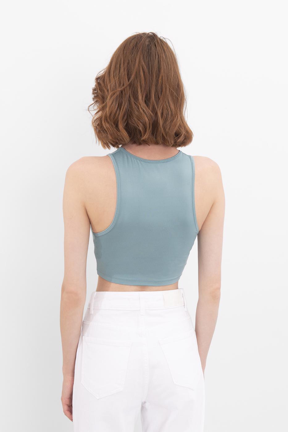 Bayan Yeşil Pencere Detaylı Kolsuz Crop Body