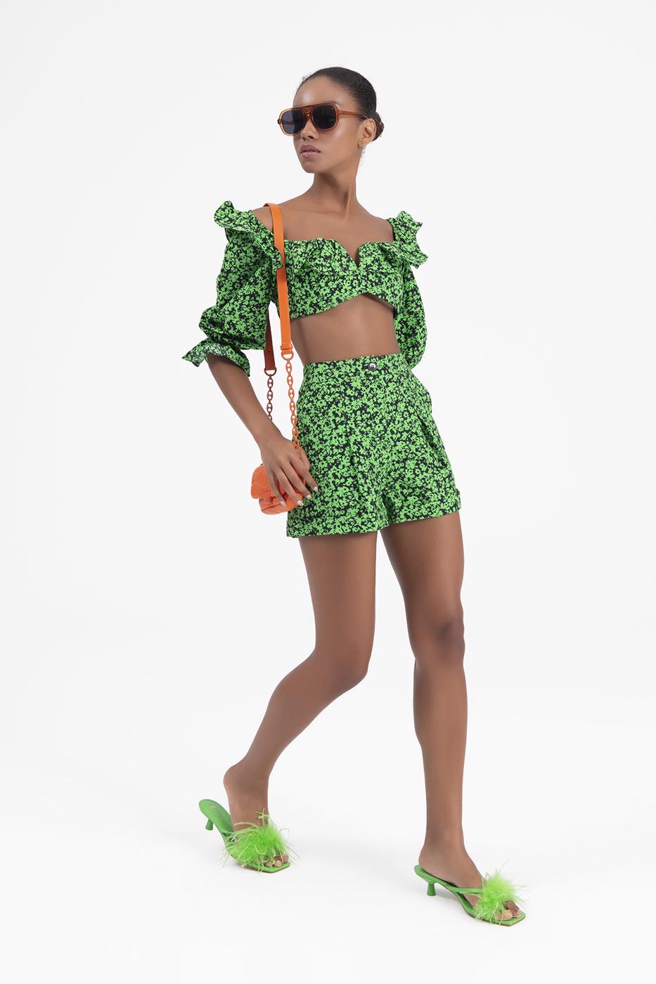 Bayan Yeşil Yüksek Bel Mini Şort