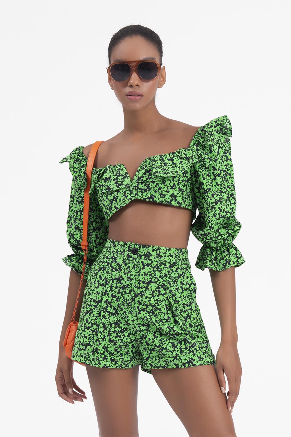 Bayan Yeşil Yüksek Bel Mini Şort